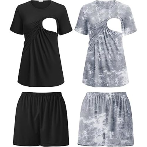 Ekouaer 2 Pack Women's Nursing Pajamas Set Double Layer Maternity Pjs Postpartum Loungewear Set Breastfeeding Tops & Shorts