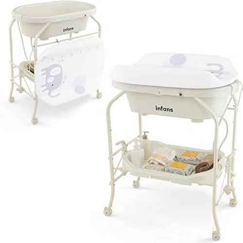 INFANS 2 in 1 Baby Changing Table with Bath Tub Unit, Folding Diaper Dresser Station with Wheels Waterproof Pad Storage Rack, Portable Nursery Organizer Stand for Newborn Infant (White)