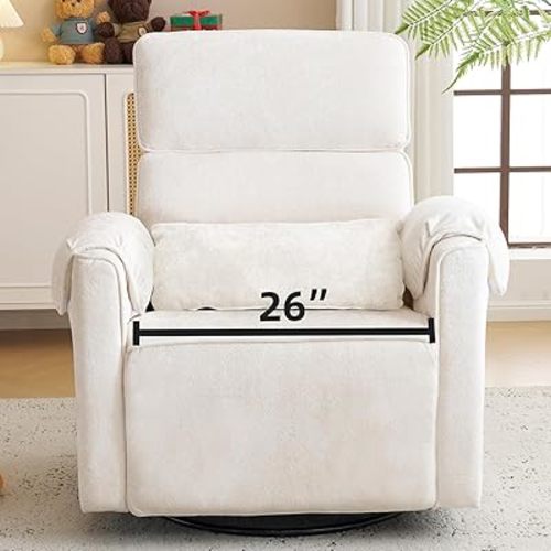 Oversized Power Recliner Chair, 26" Extra Wide Swivel Rocker Recliner Chair with Adjustable Headrest, Chenille Glider Rocking Recliner Nursery Chair with Overstuffed Armrest, USB Ports, Cream