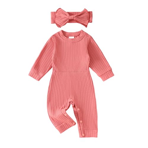 Winioder Newborn Baby Girl Fall Clothes Ribbed Long Sleeve Romper Jumpsuit with Headband Infant 2Pcs Coming Home Outfit
