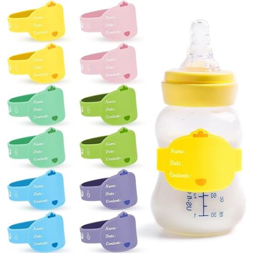 Baby Bottle Labels for Daycare 12 Pieces Reusable Silicone Daycare Labels Original Daycare Waterproof Water Bottle Name Bands Writable Baby Bottle Name Labels Tags Day Care Essentials, 6 Colors