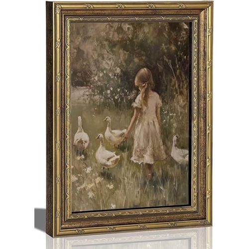 Vintage Gold Framed Canvas Wall Art Rural Goose Girl Painting Picture Cottagecore Print Poster Country Farmhouse Nature Wall Decor for Bedroom Bathroom Living Room Decoration 9x11in