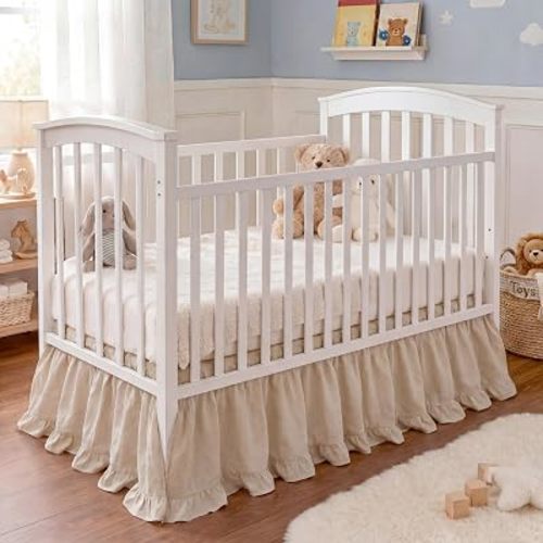 Hahafelt Crib Skirt Dust Ruffle 28" x 52" with 16" Drop–100% Washed Cotton Baby Bed Crib Skirt for Boys & Girls' Cribs, Durable & Fade - Resistant Nursery Bedding, Fits Standard Cribs(Boho,Beige)