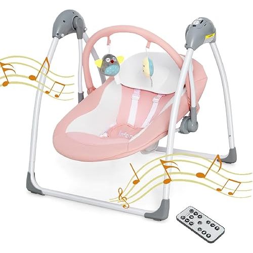 INFANS Baby Swing for Infants, Compact Portable Baby Electric Rocker for Newborn with 5 Speed Natural Sway Music Timing 2 Toys Remote Control, Easy Fold, 0-6 Months Boy Girl (Pink)