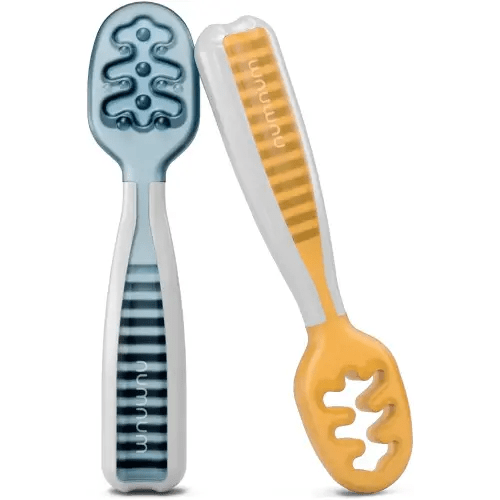NumNum Baby Spoons Set, Pre-Spoon GOOtensils for Kids Aged 6+ Months - First Stage, Baby Led Weaning (BLW) Spoon - Self Feeding, Silicone Toddler Food Utensils - 2 Spoons, Blue/Orange