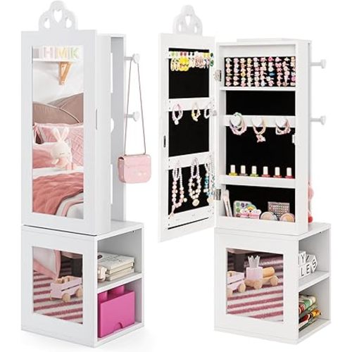 Costzon Kids Jewelry Armoire Cabinet, 46" Standing Jewelry Organizer with Full-Length Mirror, Rear Storage Shelves, Garment Rack, Kids Vanity Dress Up Mirror Jewelry Cabinet for Girls (White)