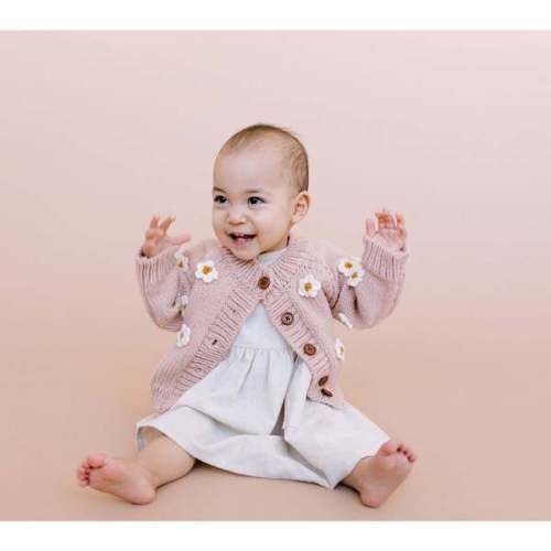 Hand-Crocheted Flower Buttoned Cardigan, Blush & White - The Blueberry Hill | Maisonette