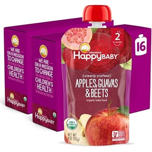 Happy Baby Organics Stage 2 Baby Food Pouches, Gluten Free, Vegan & Healthy Snack, Clearly Crafted Fruit & Veggie Puree, Apples, Guavas & Beets, 4 Ounces (Pack of 16)