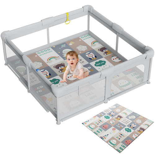 47"x47" Baby Playpen with Mat, Safe Playpen, Play Pen for Babies and Toddlers, Large Play Yard, Zipper Gate, Anti-Slip Suckers, Ideal Baby Gate Playpen for Toddlers 1-3