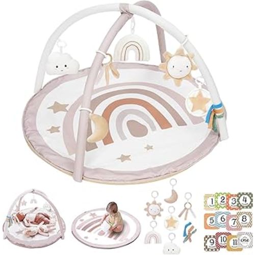 Baby Play Gym Mat, Tummy Time Activity Mat with 7 Detachable Toys and 12 Milestone Cards for Stage-Based Sensory and Motor Skill Development, Washable Play Mats for Infant, Newborn Baby Essentials
