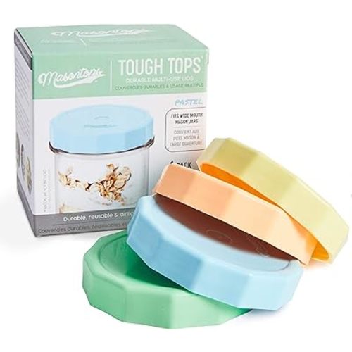 Masontops Tough Tops - Ball Wide Mouth Mason Jar Lids Plastic Leakproof - Multi Colored Plastic Mason Jar Lids - Reusable Canning Lids fit Ball Jars