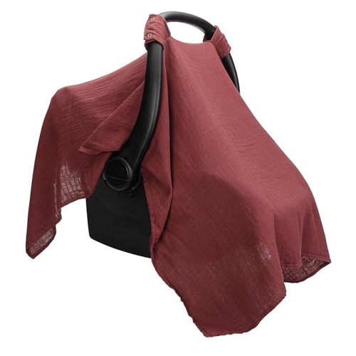 Comfy Cubs Baby Car Seat Cover - Soft, Breathable Bamboo Rayon and Muslin Cotton Blend - Lightweight Canopy for Sun, Bug, and Comfort Protection - Large Size Infant Seat Cover in Wine Design