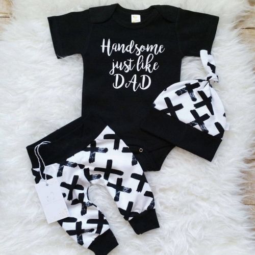Qtinghua Newborn Baby Boy Clothes Handsome just Like Dad Letter Print Romper Tops+Long Pants+Hat Infant 3PCS Outfits Black 18-24 Months