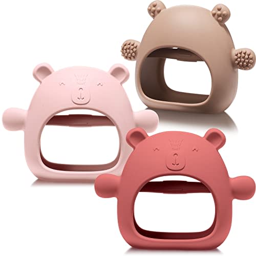 3 Packs Bear Baby Teething Toy Silicone Teething Toys for Babies Over 3 Months Anti Dropping Wrist Hand Teethers Baby Chew Toys for Sucking Needs(Caramel, Red, Pink)