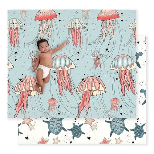 JumpOff Jo Baby Play Mat - Large Folding Foam Play Mat for Infants, Babies, Toddlers, Waterproof, Double-sided (70" x 59") - Seaside