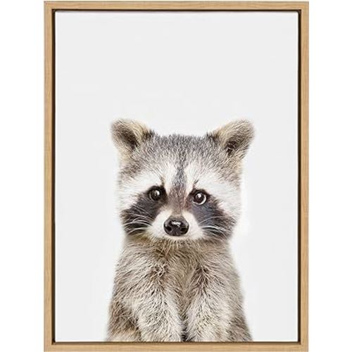 Kate and Laurel Sylvie Baby Raccoon Animal Print Portrait Framed Canvas Wall Art by Amy Peterson, 18x24 Natural