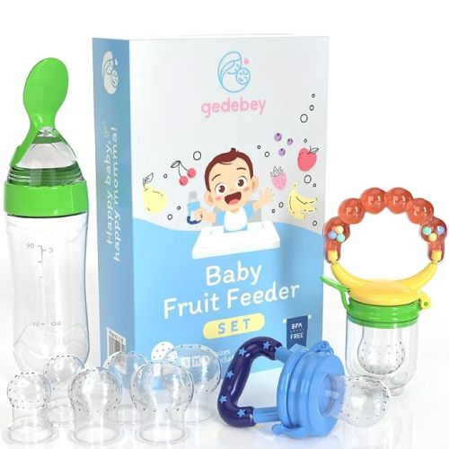 Baby Fruit Feeder Pacifier - 3 Pack | 2 Frozen Fruit Teething Pacifier & 1 Baby Food Spoon Feeder | Baby Silicone Feeder Pacifier | Teething Feeder, Baby Food Feeder Fruit Pacifier (Colorful)