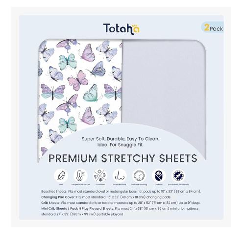 TotAha Premium Soft Bassinet Sheet for Girl, Super Stretchy Jersey Knit Bassinet Fitted Sheet, Compatible with Halo, Maxi COSI, Mika Micky, SNOO, Baby Delight Mattress2-Pack, Purple Butterfly