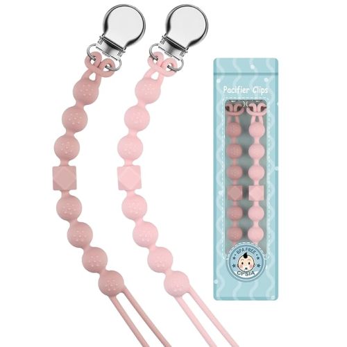 Silicone Pacifier Clip for Boys Girls Binky Clips Chain Leash Holder Straps Soft Flexible with Texture Baby Shower Birthday Christmas(Quartz Pink) - A: Quartz Pink