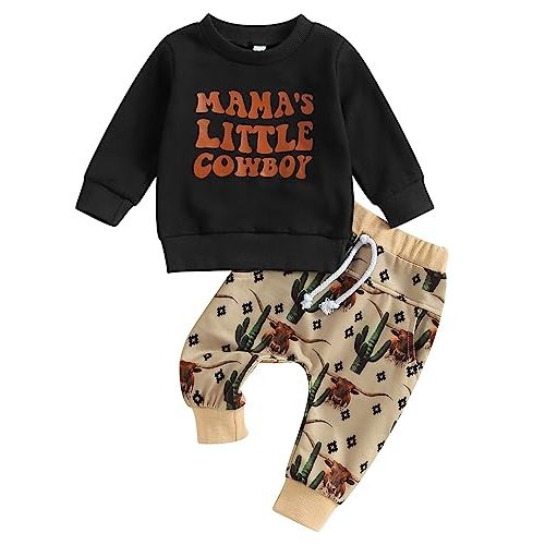SAYOO Western Baby Boy Clothes Cow Print Sweatshirt Pullover Top Jogger Pants 2Pcs Toddler Boy Cowboy Fall Winter Outfits