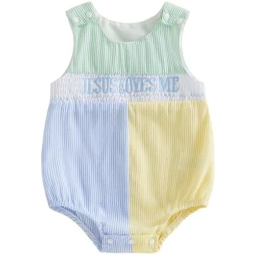 KMBANGI Baby Boy Jesus Loves Me Overall Romper Newborn Christian Outfit Sleeveless Seersucker Bodysuit Baptism Clothes