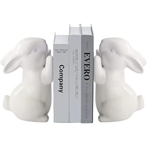 BestAlice 2 Pcs Rabbit Bookends, Bunny Book Ends for Shelves, Ceramic Animal Figurine Book Ends Stands Shelves Organizer, Heavy Duty Bookends to Hold Books, White Rabbit Home Decor