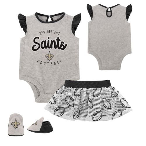 Newborn Heather Gray/Black New Orleans Saints All Dolled Up Three-Piece Bodysuit, Skirt & Booties Set