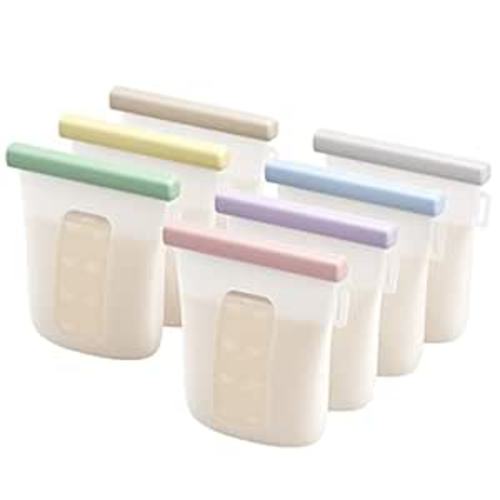 Nuliie 7 Pcs Silicone Breastmilk Storage Bags Reusable, 8oz/240ml Double Leak-Proof Breastmilk Freezer Bags, BPA Free Self-Standing Milk Bags for Breastfeeding, Baby Food Pouches