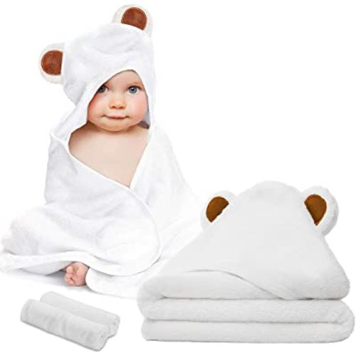 CIGREEN Baby Towel and Washcloth Set-Baby Bath Towel and Washcloth -Hooded Towel and Washcloth-Organic Bamboo Fiber Hooded Baby Towel for Boys, Girls, Kids, Toddlers, Newborn Bath Present(Beige)