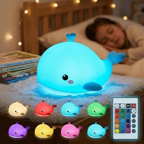 Whale Baby Night Light for Kids with Remote & Timer, Dimmable LED Squishy Soft Silicone Tap Lamp, USB Rechargeable Toddler Bedside Light for Breastfeeding, Kawaii Ocean Nursery Decor Gift