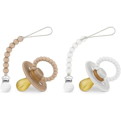 Luladream Pacifier and Clip Set - Natural Rubber Nipple - Soft Teething Handle - for Infants Baby's and Toddlers, 0-18 Months (Camel + Cream + Clips)