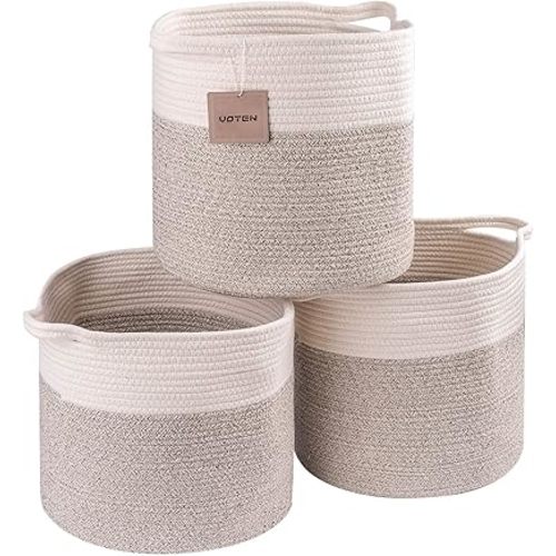 voten Multi-use Woven Storage Basket for Organizing,Storage Cubes 13x13’’ for Cube Shelves Organzier,Cotton Rope Storage Bin,Cube Storage Bin 13x13’’ for Closet Toys,3Pack Round Off White/Light Brown