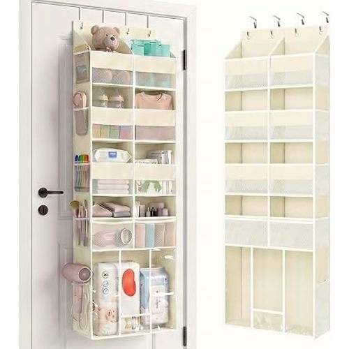 Yecaye Over the Door Organizer 5-Shelf, Behind the Door Storage 80lbs Capacity with Extra Large Pocket, Back of Door Organizer and Storage for Baby Nursery Bedroom Dorm Bathroom RV, Beige