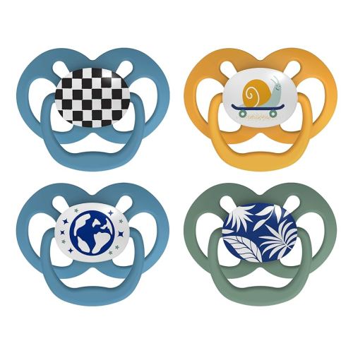 Dr. Brown's Advantage Glow-in-the-Dark Baby Pacifier, Fully Symmetrical Soother with Soft Silicone Bulb, Skateboard Snail-Blue Nature, 6-18m, BPA Free, 4 Pack