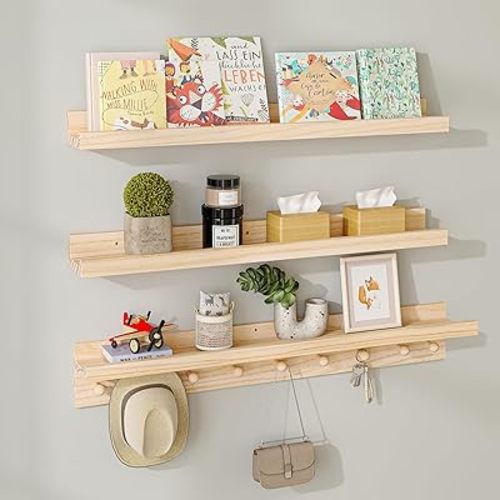 MBYD Wood Wall Shelf With Hooks Floating Shelves for Wall Bathroom Shelves Wall Mounted Nursery Floating Bookshelf for Kids Room Toy Storage Shelf for Bedroom Picture Frames Kitchen (Natural, 36 Inch)