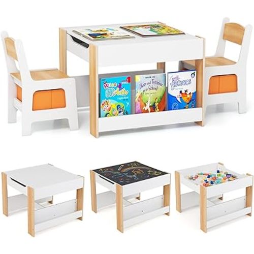 Costzon Kids Table and Chairs, 4 in 1 Wooden Activity Desk Set w/Reversible Tabletop, Bookshelves & Storage Drawers for Drawing, Reading, Crafts, Playing, Toddler Table and Chair Set (Natural)