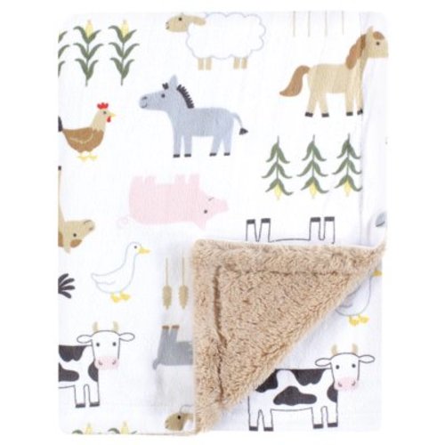 Hudson Baby Boys Plush Blanket with Furry Binding and Back, Cute Farm, One Size