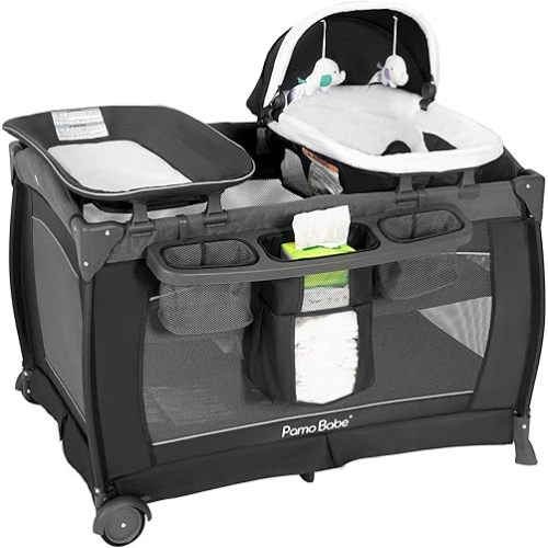 Pamo Babe Playard Deluxe Nursery Center, Foldable Playpen for Baby & Toddler, Bassinet, Mattress, Changing Table for Newborn (Grey)