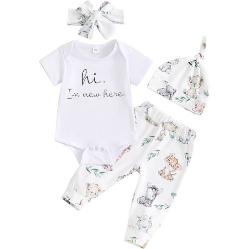 Newborn Baby Boy Girl Outfit Hi I'm New Here Short Sleeve Romper Koala Print Pants Headband Hat Coming Home Outfits