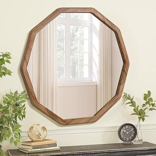 ULIKE Wood Mirror for Wall, 24 Inch Rustic Farmhouse Mirror with Wood Frame, Decorative Wall Mounted Vanity Mirrors for Bathroom Bedroom Living Room Entryway, Brown