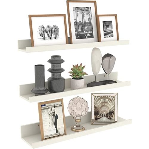 Calenzana 24 Inch Floating Shelves Wall Mounted Set of 3, Rustic Wooden Picture Ledge Shelf for Living Room Bathroom Bedroom Kitchen Office, Creamy White