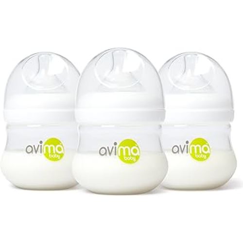 Avima Baby 4 oz Anti Colic Baby Bottles for Breastfed Babies - Slow Flow Nipples, Wide Neck Bottle, BPA Free - Newborn 0-3 Months, Stage 1 (Set of 3)
