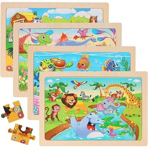 Wooden Puzzles for Kids Ages 4-6, 24 Piece Animal Dinosaur Marine Farm Jigsaw Puzzles 4 Packs, Preschool Toddlers Learning Activity Puzzles Toys for Boys Girls 3 4 5 6 Years Old