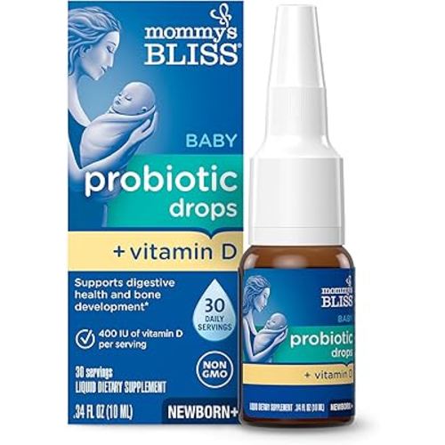 Mommy's Bliss Baby Probiotic Drops + Vitamin D, Supports Digestive Health and Immunity, 400IU Vitamin D for Healthy Bone Development, Newborns +, Flavorless, 0.34 Fl Oz (30 Servings)