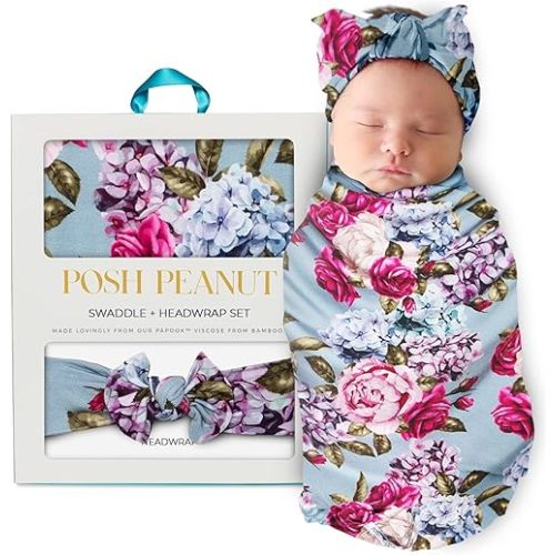 Posh Peanut Swaddle Blanket & Headband Set – Viscose from Bamboo Stretchy Baby Swaddle for Newborn Girls, Receiving Blanket or Nursing Cover (Lacey)