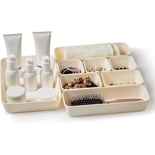 ISSEVE 8Pcs Nesting Silicone Drawer Organizer Trays, 4 Size Versatile Vanity Bathroom & Desk Drawer Organizer Set Storage Bins for Office,Kitchen,Nightstand,White