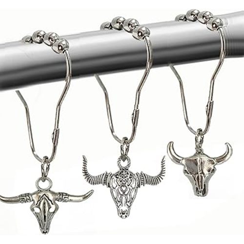 Cow Shower Curtain Hooks, Western Cowboy Shower Curtain Hooks Rings Highland Cow Bathroom Decor Metal Silvery Farmhouse Rustic Farm Decorative Shower Curtain Hooks