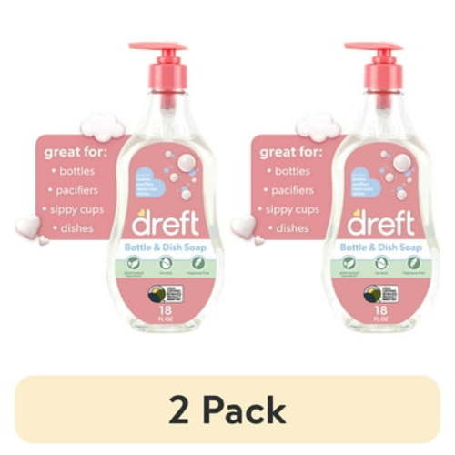 (2 pack) Dreft Plant-Based Liquid Dish Soap and Dishwashing Detergent for Baby Bottle, Fragrance Free Baby Essentials, 18 fl oz