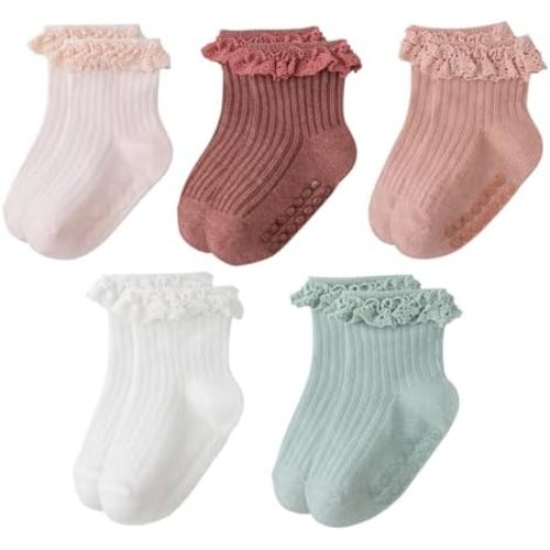 Meeshine Baby Toddler Girls Anti Slip Ruffle Socks with Grips Newborn Infant Cotton Non Skid Frilly Dress Socks, 5 Packs