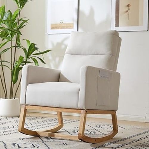 Rocking Chair,Modern Glider with Storage Pockets,Comfortable Linen Fabric High Back Nursery Chair with Wood Legs for Baby Room,Living Room,Bedroom,Ivory